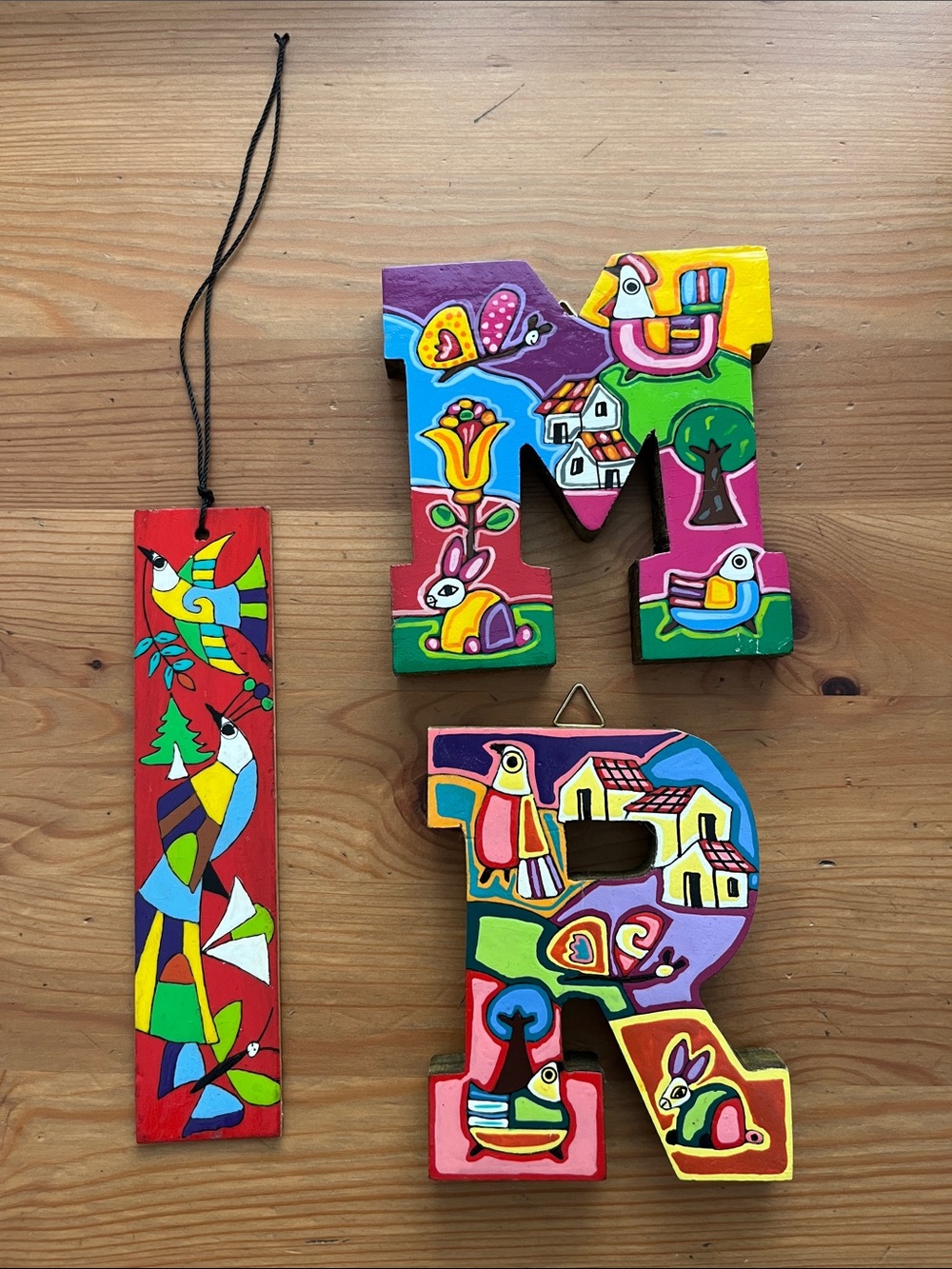 El Salvador Handcrafts Painted Wooden Wall Letters M & R and Bird Bookmark